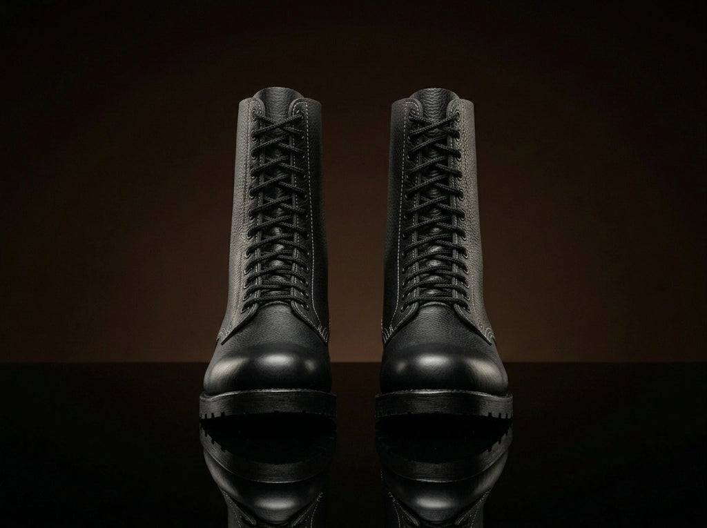 Front lacing detail on authentic WW2 German paratrooper boots by NOIRTIDE