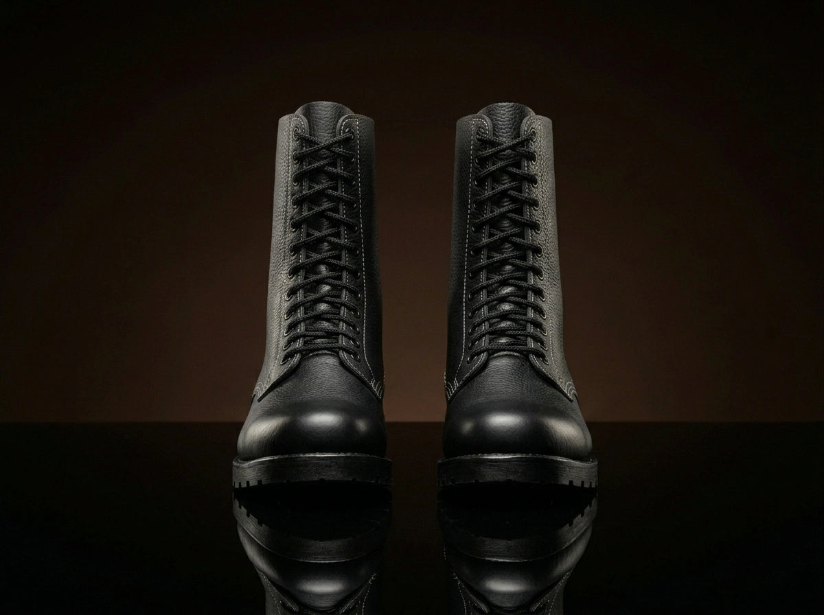 Front lacing detail on authentic WW2 German paratrooper boots by NOIRTIDE