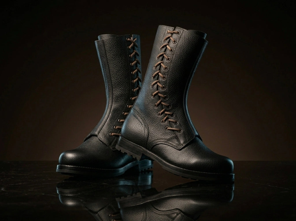Side lacing detail on authentic WW2 German paratrooper boots by NOIRTIDE