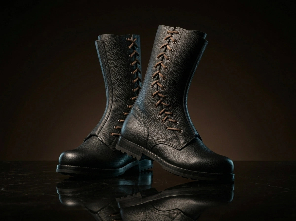 Side lacing detail on authentic WW2 German paratrooper boots by NOIRTIDE