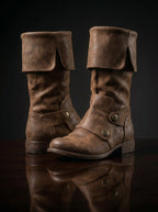 Side view of distressed brown Noirtide Flynn Rider boot — calf-high shaft, fold-over cuff, rounded toe, pull-on construction