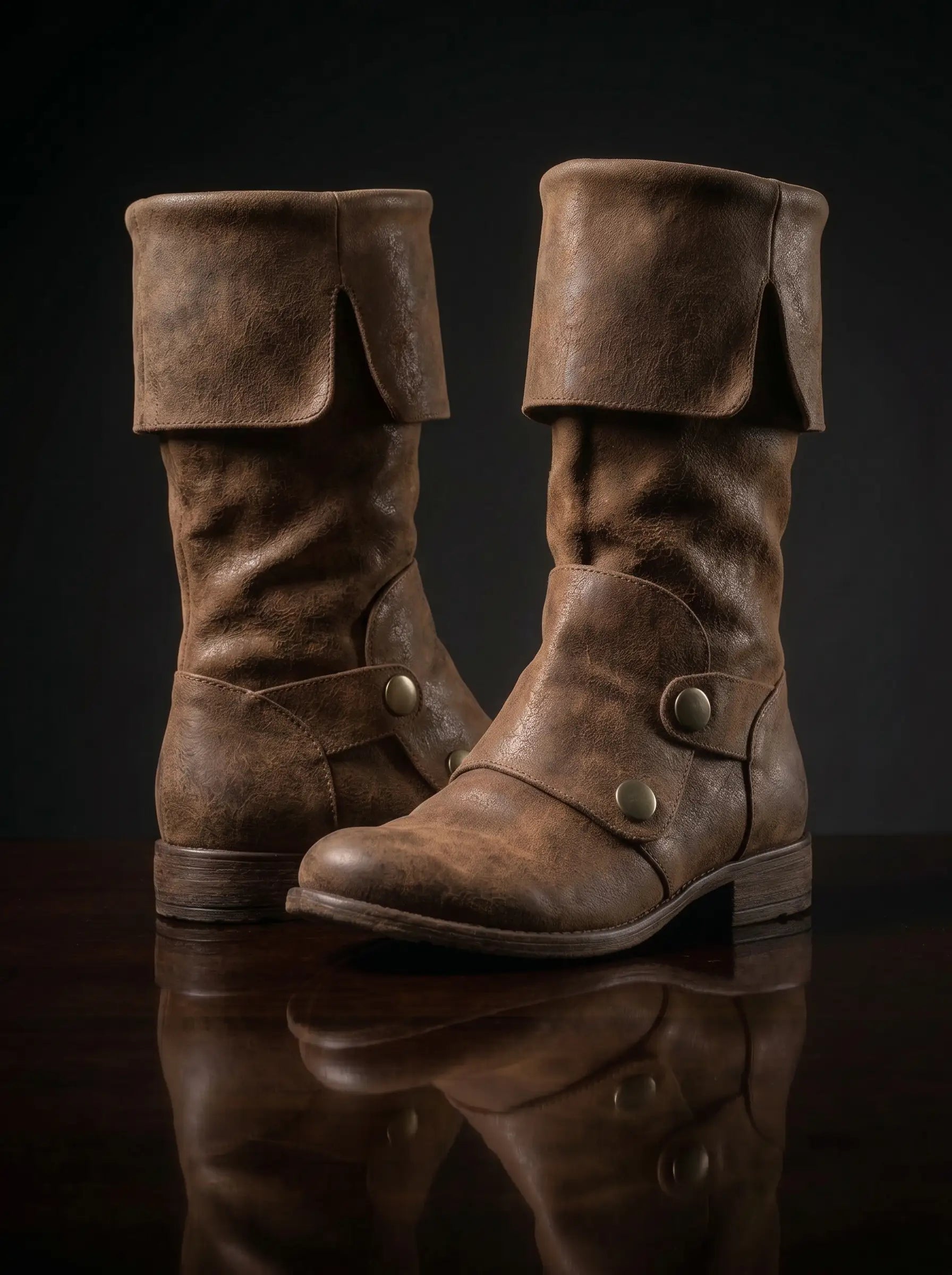 Side view of distressed brown Noirtide Flynn Rider boot — calf-high shaft, fold-over cuff, rounded toe, pull-on construction