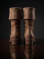 Low block heel and sole on Noirtide Flynn Rider cosplay boot — leather or rubber sole option, genuine leather construction