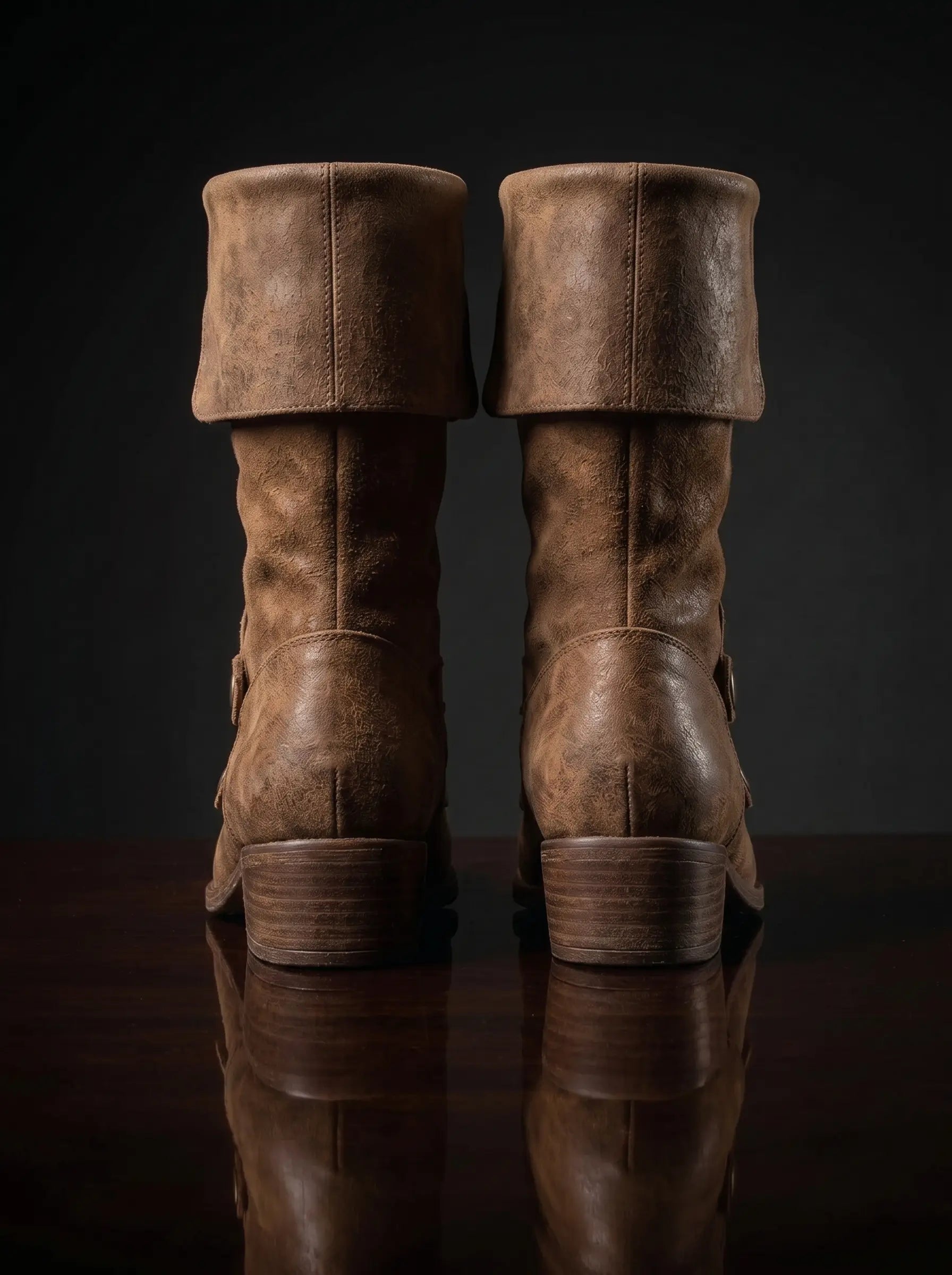 Low block heel and sole on Noirtide Flynn Rider cosplay boot — leather or rubber sole option, genuine leather construction