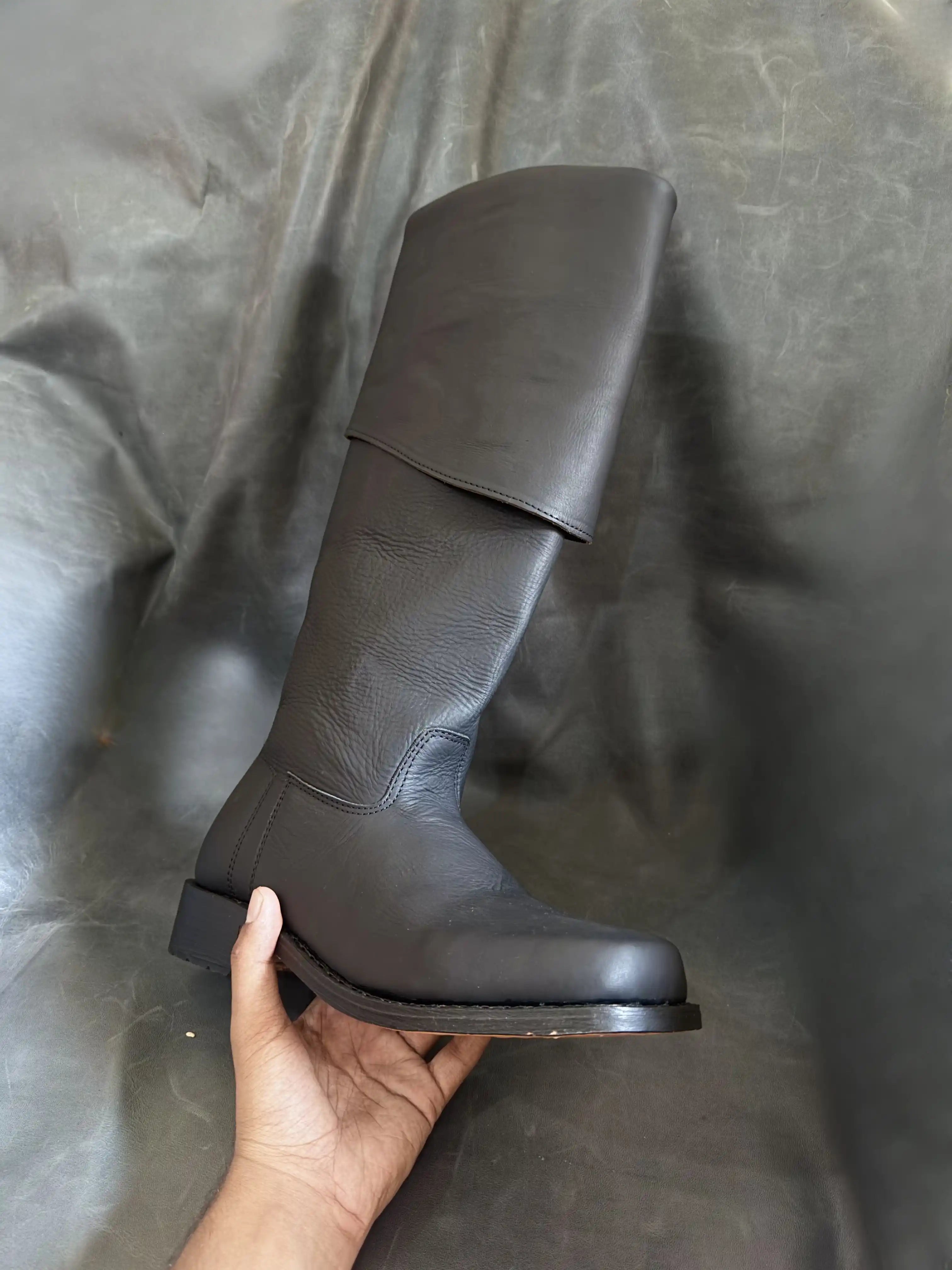 Noirtide Jamie Fraser boot with cuff folded down for riding — matt black leather, flat sole, 18th century Highland