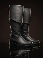 Noirtide Jamie Fraser boot with cuff folded down for riding — matt black leather, flat sole, 18th century Highland
