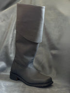 Noirtide Jamie Fraser boot with cuff folded down for riding — matt black leather, flat sole, 18th century Highland