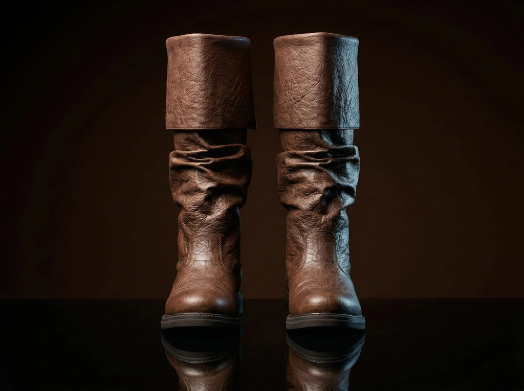 Fold-over cuff on brown genuine leather Noirtide Robin Hood boot — soft natural drape, knee-high shaft