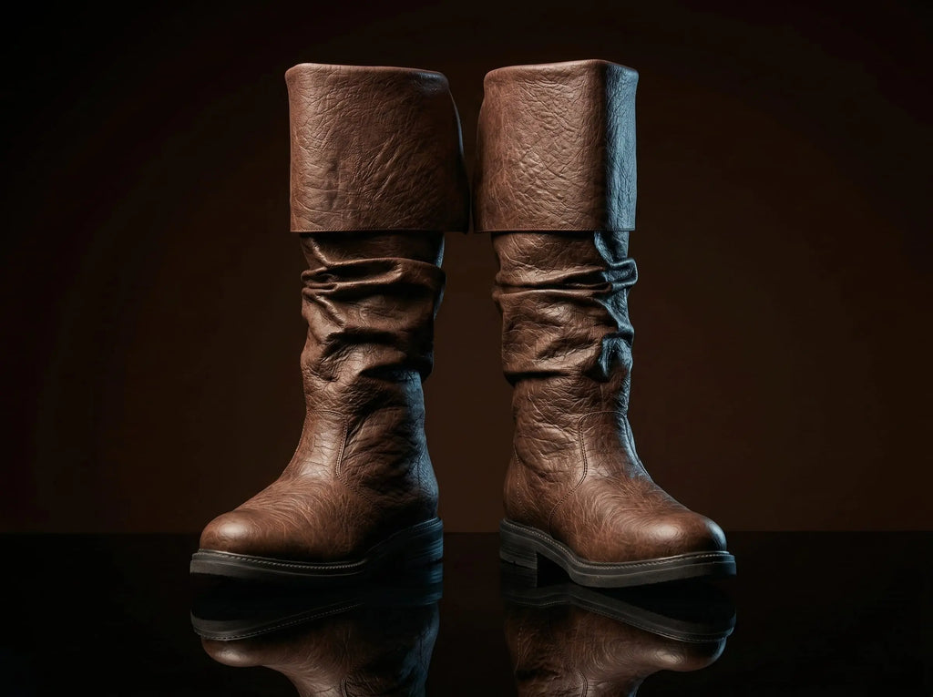 Pair of brown handcrafted Robin Hood boots — genuine leather, any size, made to order — Noirtide medieval footwear
