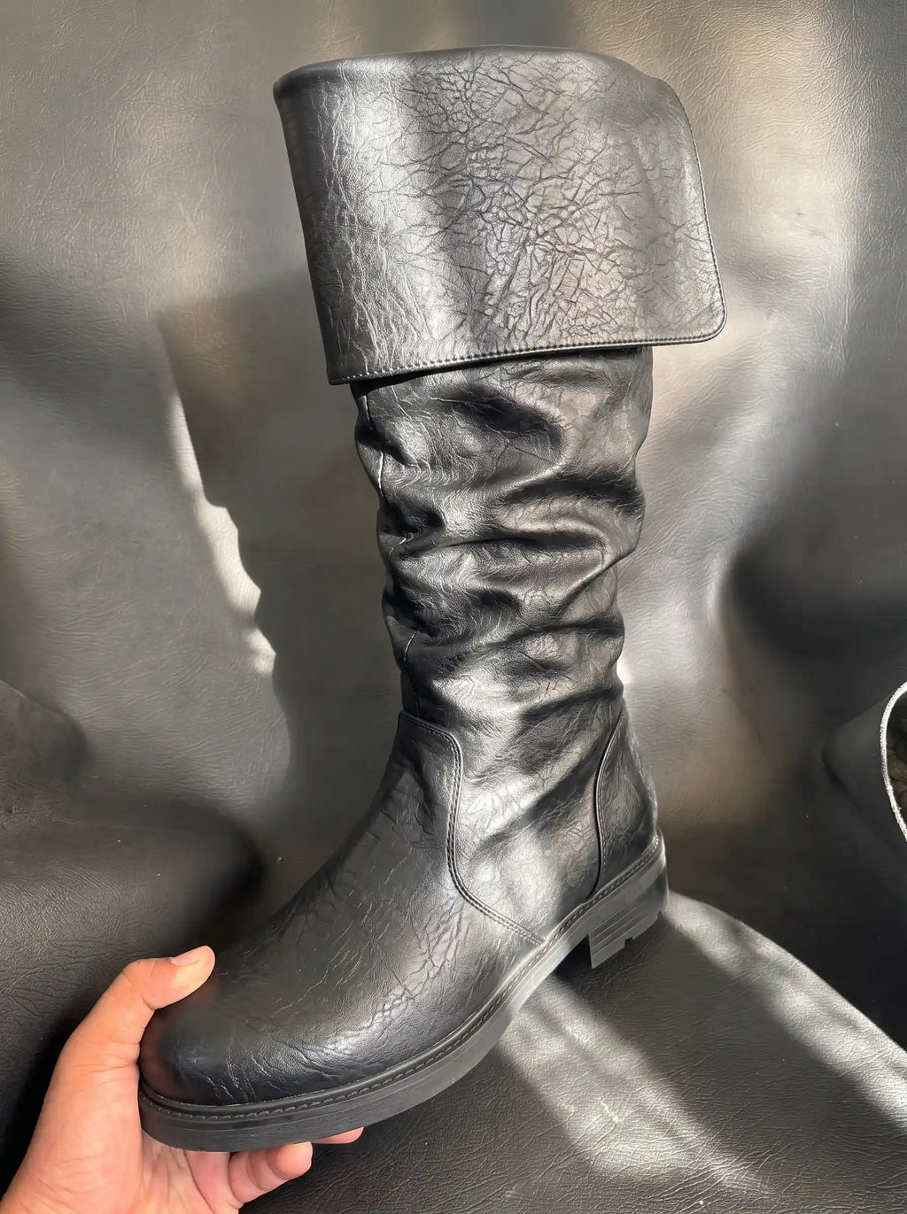 Black genuine leather Robin Hood boots — bespoke knee-high medieval cosplay footwear by Noirtide