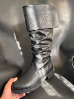 Black genuine leather Robin Hood boots — bespoke knee-high medieval cosplay footwear by Noirtide