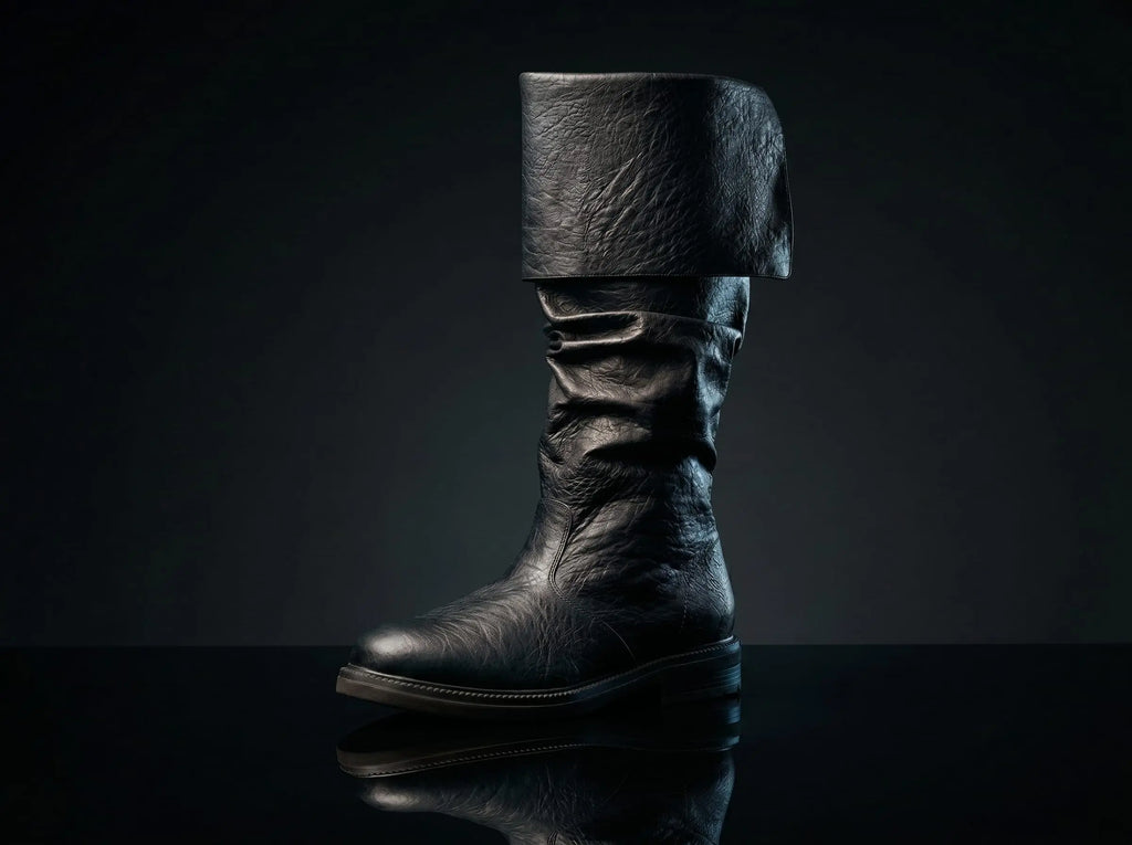 Black genuine leather Robin Hood boots — bespoke knee-high medieval cosplay footwear by Noirtide