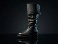 Black genuine leather Robin Hood boots — bespoke knee-high medieval cosplay footwear by Noirtide