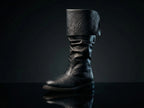 Black genuine leather Robin Hood boots — bespoke knee-high medieval cosplay footwear by Noirtide