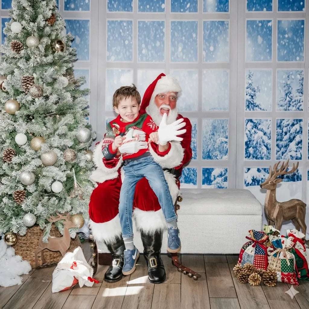 Child sitting on Santa's lap in a festive room with Christmas decorations.