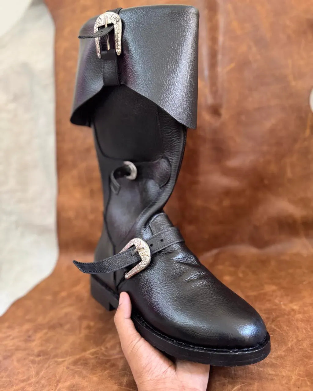 Handmade leather pirate costume boots with authentic period detailing by NOIRTIDE