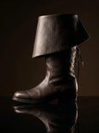 Brown leather fold-over cuff on Noirtide Captain Barbossa pirate boot — 8-inch cuff, men's knee-high pirate boot