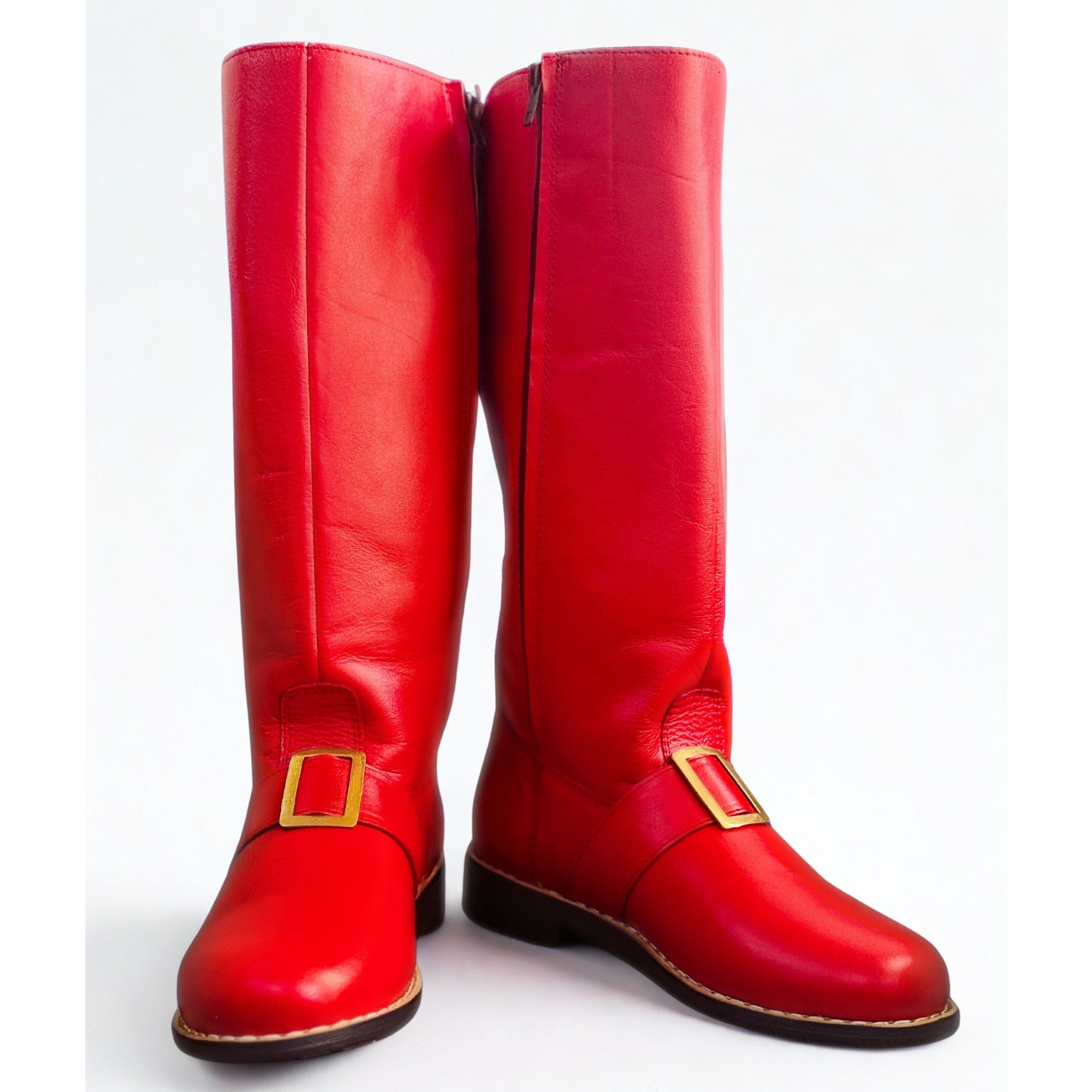 Christmas Santa boots red leather with buckle close up