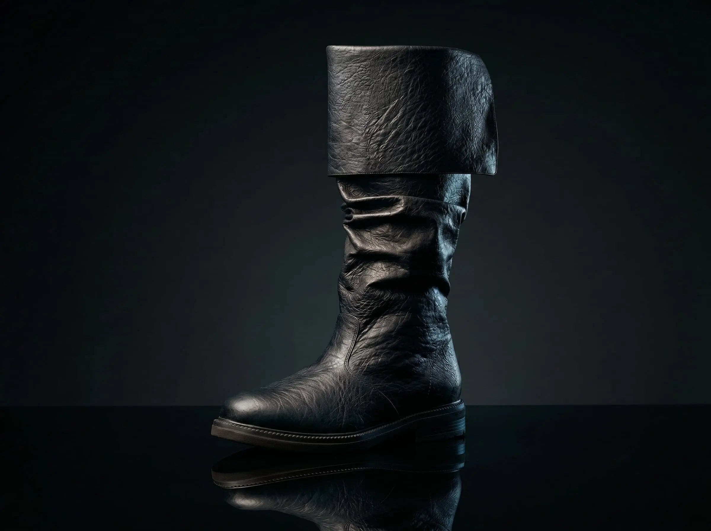 Black genuine leather Robin Hood boots — bespoke knee-high medieval cosplay footwear by Noirtide